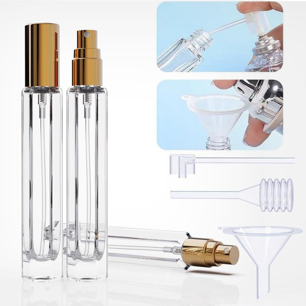 Sticluță Mini de Parfum din Sticlă de 10 ml cu Instrumente de Dozare(Transparent+Cap Auriu)