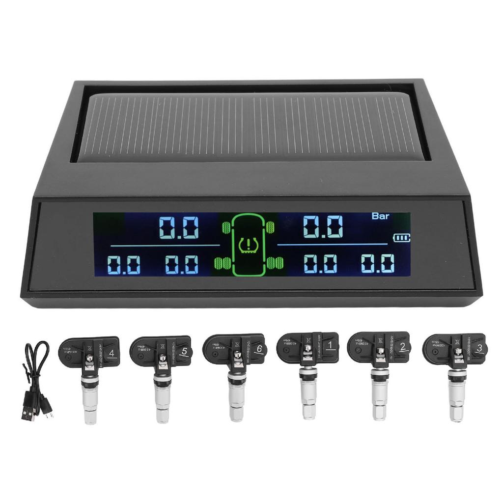 Däcktrycksövervakningssystem LCD-display med 6 externa sensorer Säkerhetslarm Solcellsdriven Trådlös TPMS