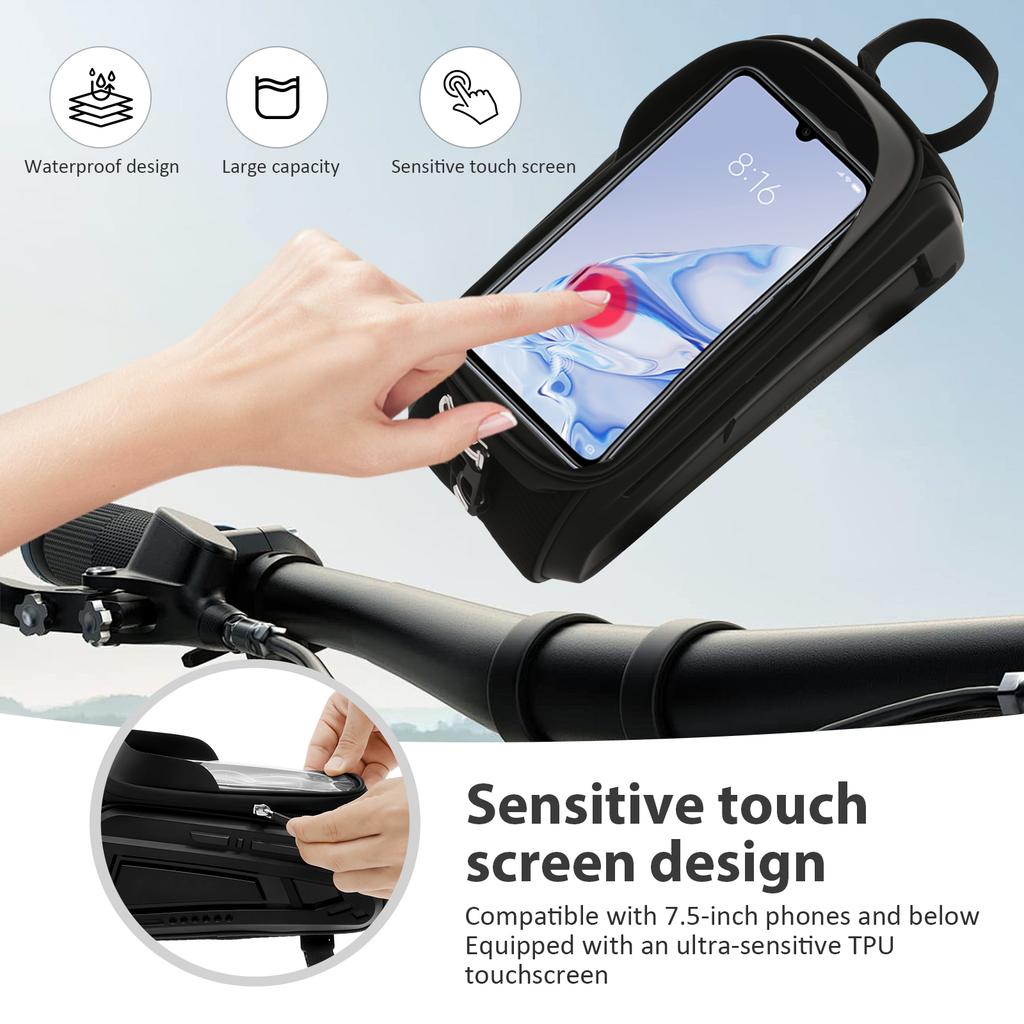 Bike Phone Holder Bag EVA Waterproof Bicycle Front Frame Bag with Zipper Sensitive TPU Touchscreen Outdoor Bike Phone Frame Bag