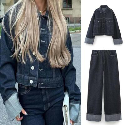 Ladies Vintage Autumn Jacket Cowboy Pants Sets Women with Pockets Single Breasted Long Sleeves Chic Denim Jacket Coat Wide Leg Pant Outfits Female