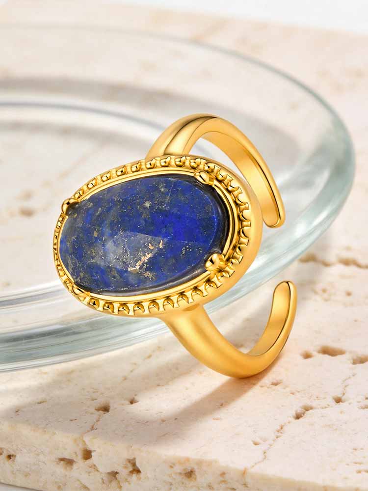 Natural Lapis Lazuli Ring Oval Blue Stone Stainless Steel Adjustable Open Ring Women Waterproof Handmade Jewelry