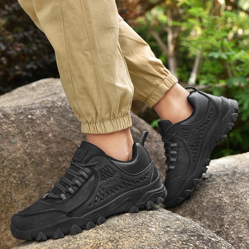 men Leather Hiking Shoes lace up Durable Outdoor Sport Men Trekking Leather Shoes fashion Climbing Hunting Sneakers big size 48