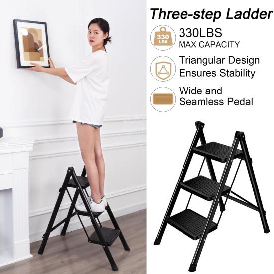 3 Step Folding Ladder 330 Lbs Capacity Lightweight Portable Ladder with Anti-Slip