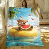 Summer Dog Watermelon Beach Scene Flannel Blanket Soft Throw Bed Cover Cute Pet Design Tropical Vacation Theme Kids Gift