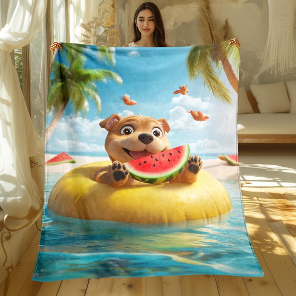 Summer Dog Watermelon Beach Scene Flannel Blanket Soft Throw Bed Cover Cute Pet Design Tropical Vacation Theme Kids Gift