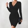 Autumn and winter new solid color V-neck tight-fitting hip-wrapping slim-fitting sexy long-sleeved dress for women