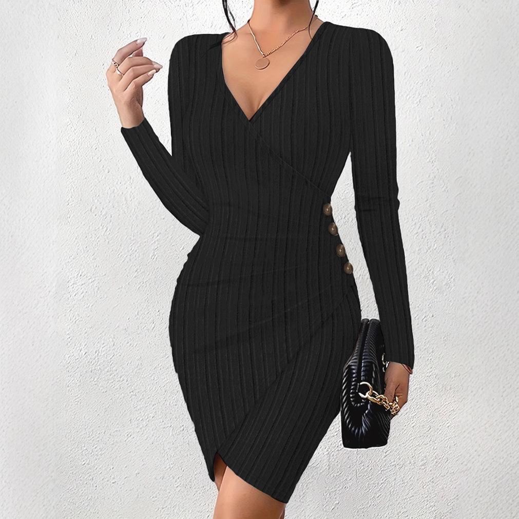 Autumn and winter new solid color V-neck tight-fitting hip-wrapping slim-fitting sexy long-sleeved dress for women