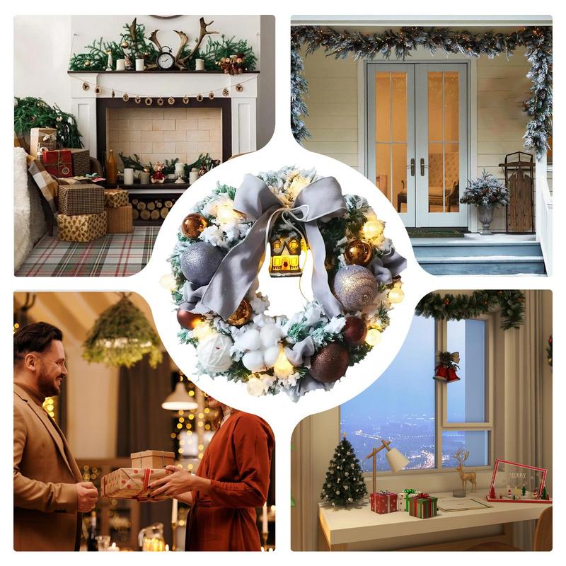 Christmas Snow Wreath Artificial Christmas Door Wreath with Bow Tie Realistic Handmade Led Wreath Holiday Decor for Bedroom
