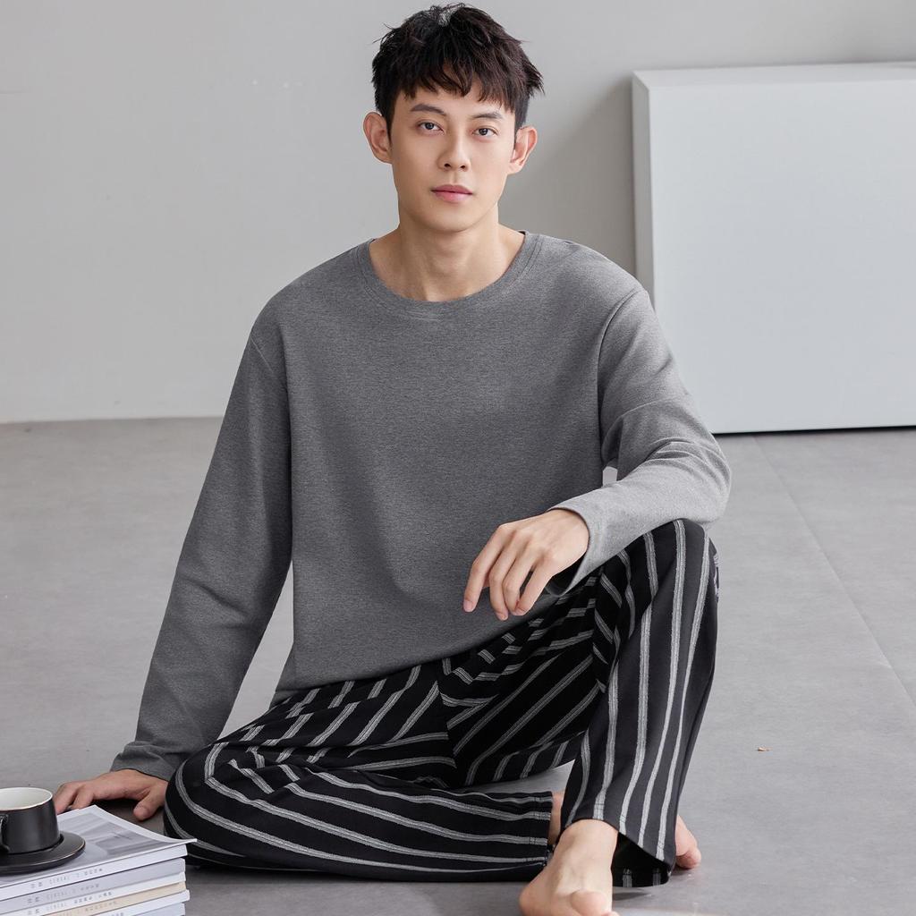 Men's Plus Size Pure Cotton Long-Sleeve Pajamas - Spring & Autumn Style for All Ages