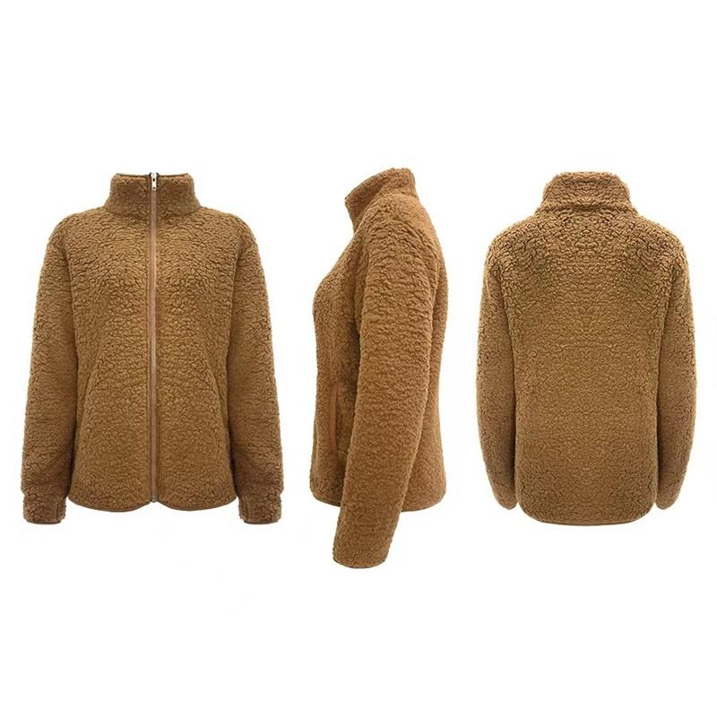 Женская плюшевая куртка с длинными рукавами, воротником-стойкой и застежкой-молнией M
