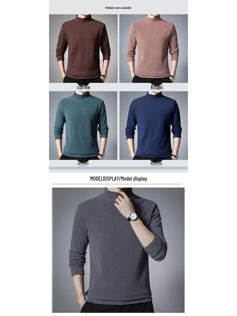 Woodpecker Men's Dual-Fleece Long Sleeve T-Shirt - Half Turtleneck, Brushed, Warm, Versatile Top for Autumn/Winter.