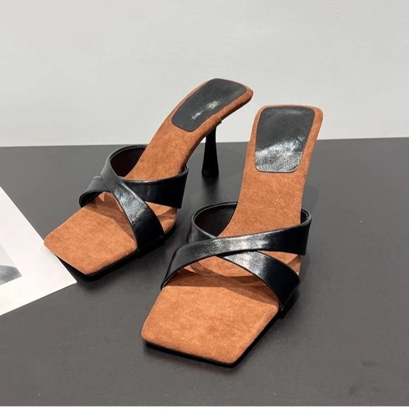 Fashion 2025 New Women's High Heels Sandal Square Head Cross Strap One Line Thin Heel Suitable  Wearing Outdoor Slippers