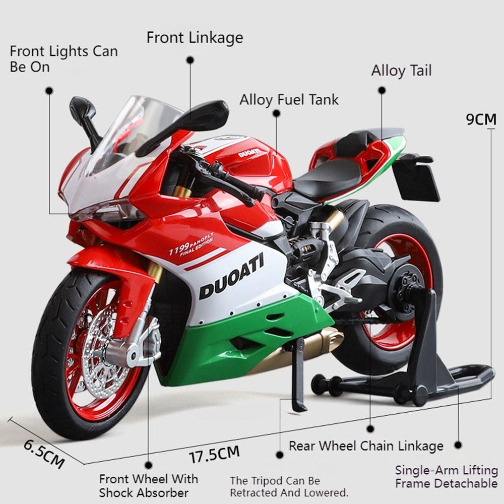 1:12 Skala 1199 Motorrad Spielzeugmodellautos Legierung Druckguss Stoßdämpfung Ton Licht Kettenverbindung Simulation Motoren für Jungen