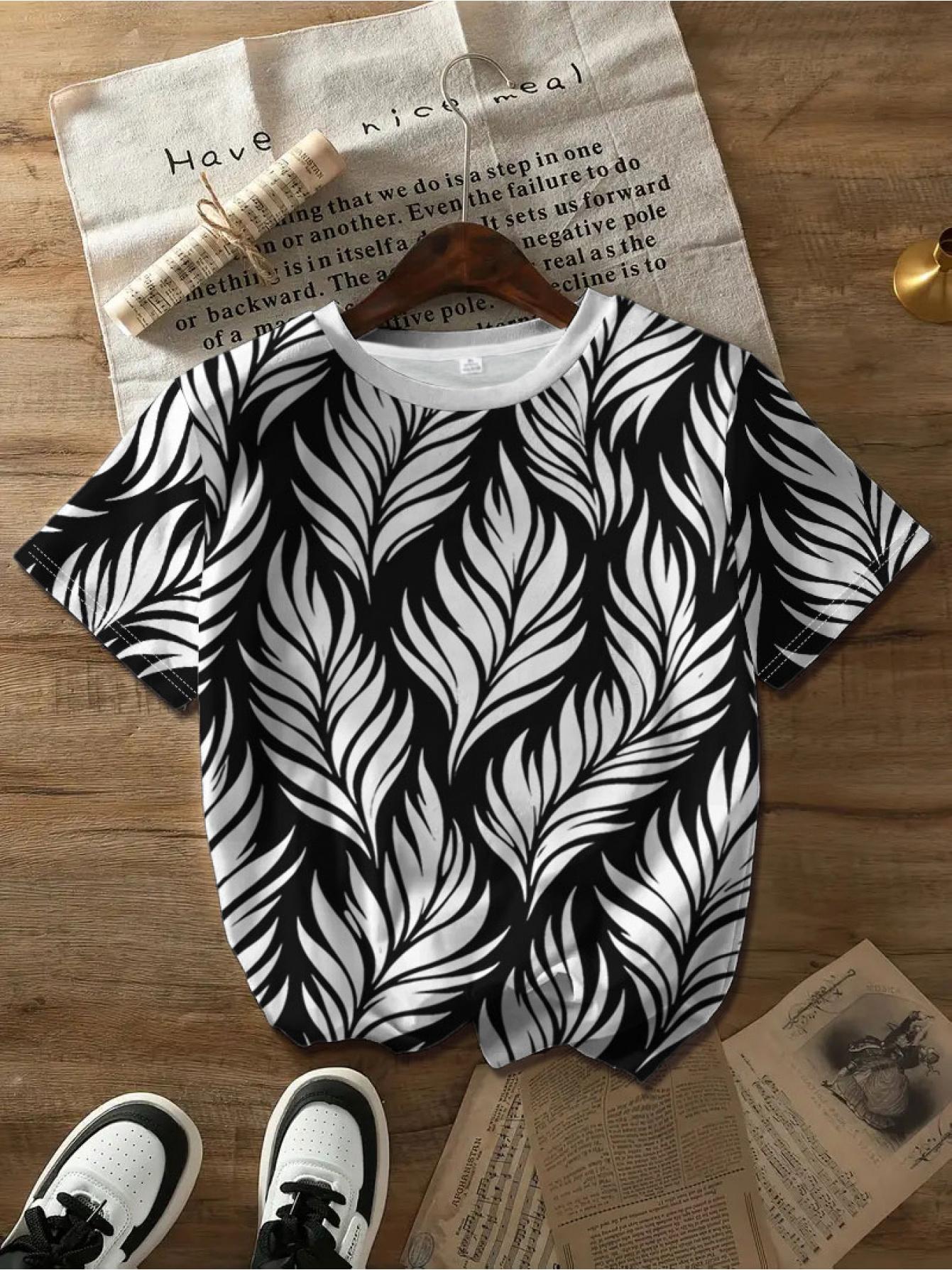 

Summer Women S Short Sleeve Round Neck Black And White Leaf Print Round Neck Short Sleeve T-Shirt. Women S Loose Casual Versatile Top. Gentle Style Va S дубильная кора