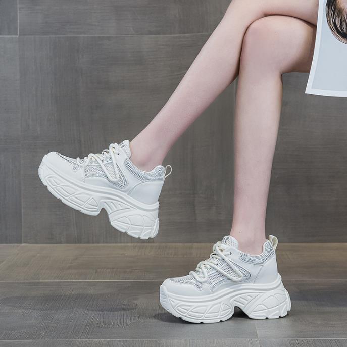 Fashion 9CM Air Mesh Microfiber Leather Flats Lace Up Ladies Fashion Summer Women Spring Platform Wedge Shoes Chunky Sneaker Vulcanize