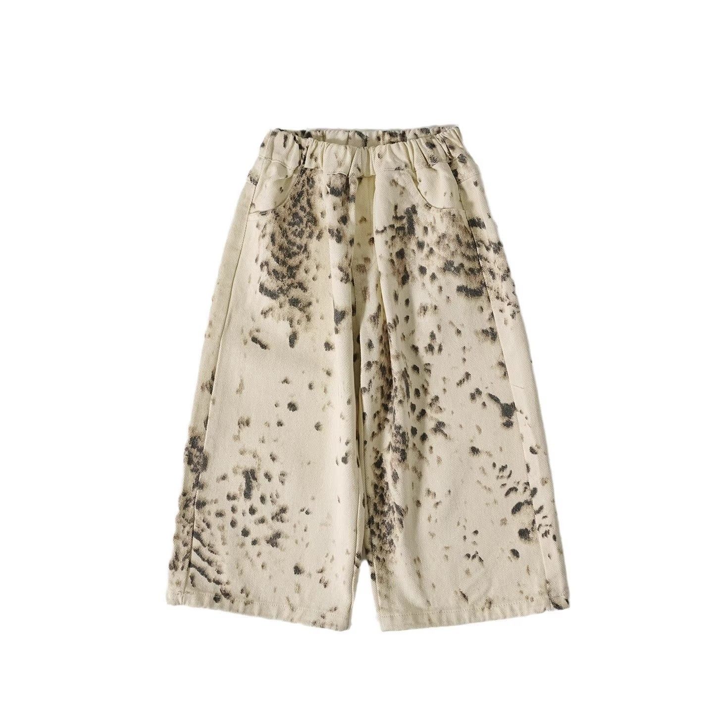 

Джинсы для мальчиков в корейском стиле Весна Осень Детские Абрикосовые с леопардовым принтом Повседневные Брюки с широкими штанинами Детские Универсальные Брюки 110