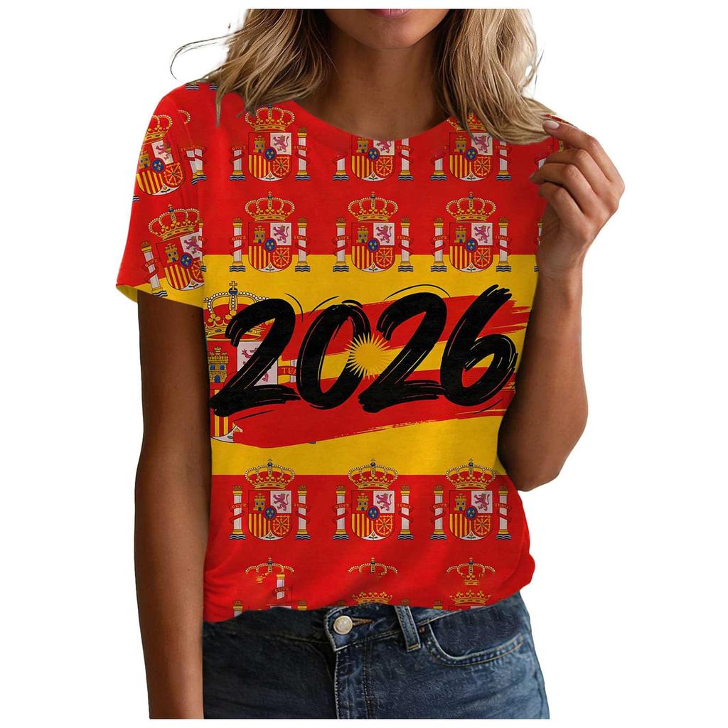 Women Casual Pullover T Shirt Short Sleeve Crew Neck Letter Print Top for Spain 2026 Soccer Support Fans