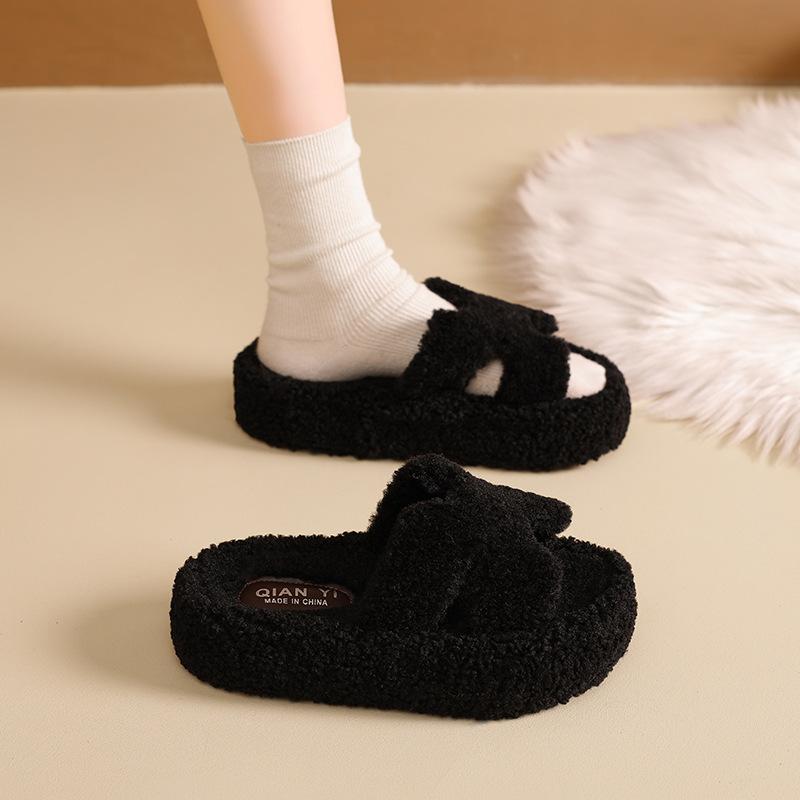 2025 Herbst und Winter neue Internet-Berühmtheit einfarbige Wollpantoffeln Damen tragen flachsohlige Lammwolle Mode Ein-Wort Baumwollmopp