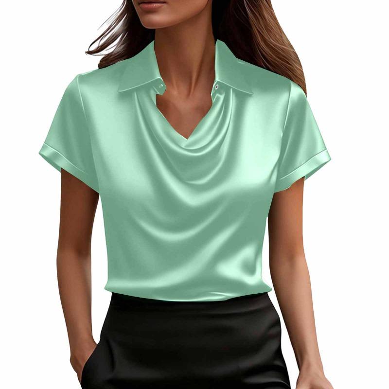 Damen Satin Schalkragen Bluse Kurzarm mit Kragen Lässig Elegant Täglich Büro Arbeitskleidung Basic Oberteil