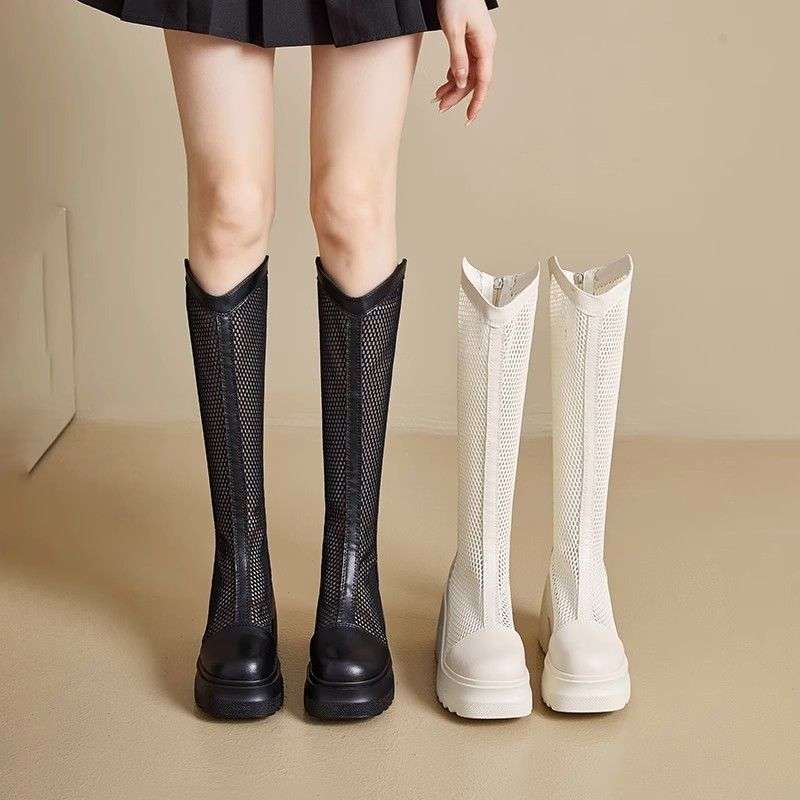 Boots Women's 2025 Summer Thick-soled Thin Mesh Hollow Breathable Boots Single Boots Small Thick High Heel Cool Boots