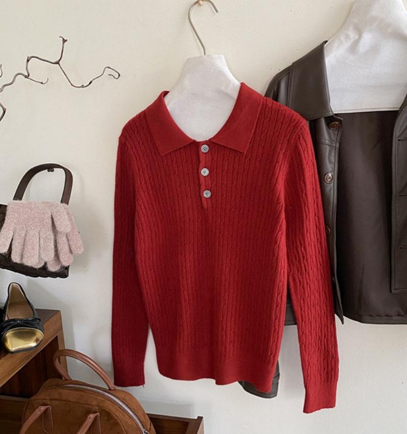 Polo Collar Long-sleeved Embroidered Twist Knitted Sweater for Women 1116 Autumn Soft Waxy Casual Foreign Style Bottomed Top for Women