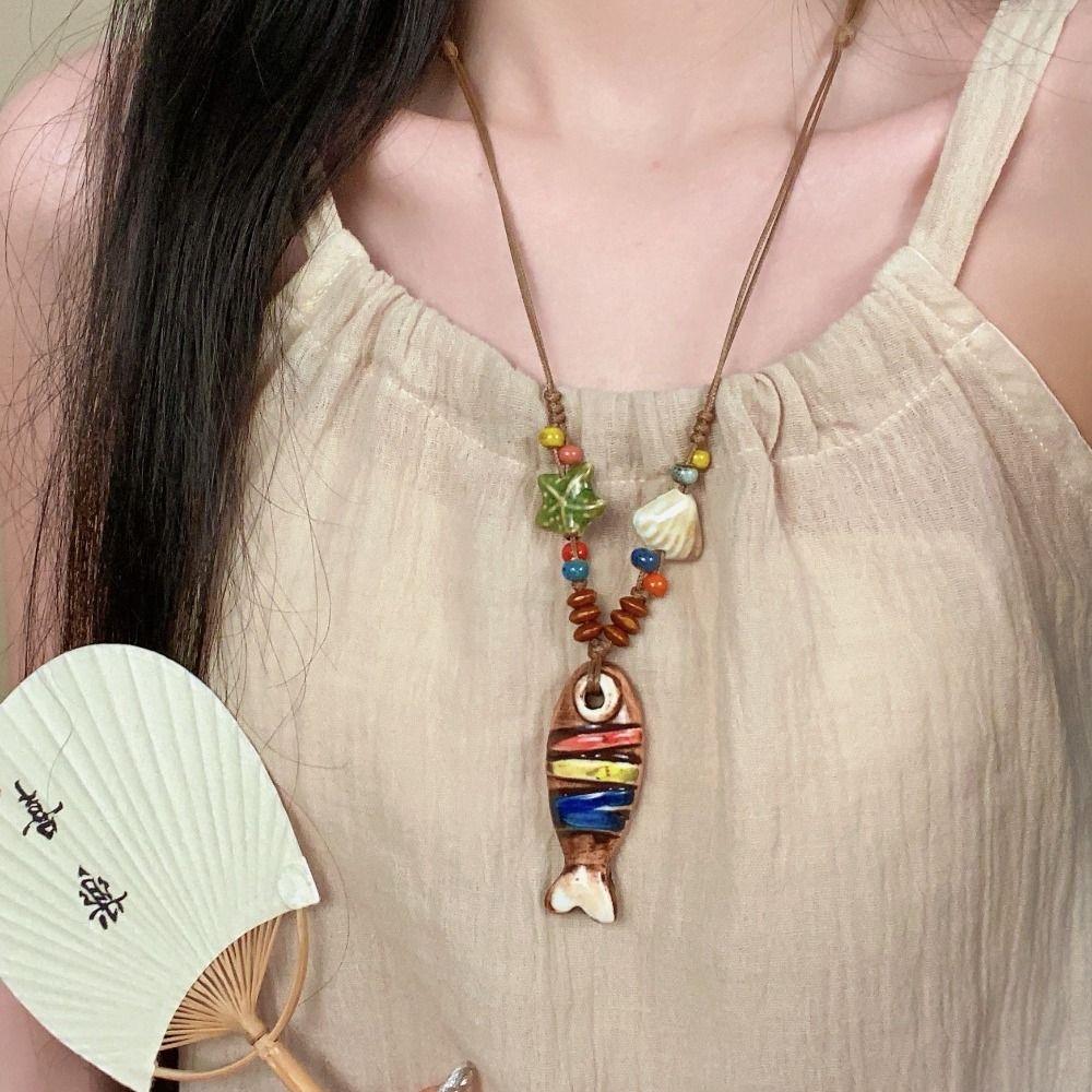 Tassel Ethnic Style Necklace Wood Bohemian Style Choker Antique Long Sweater Chain  Decoration