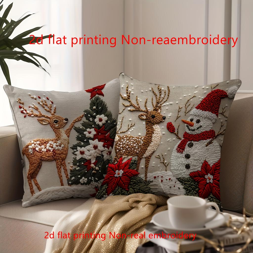 2D Flat Printing, 4 Christmas Themed Pillowcases, Featuring Design Elements Such As Santa Claus and Reindeer, Non Real Embroidery,  Zippered Closure