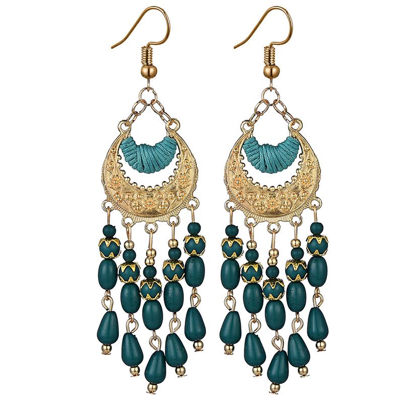 Vintage National Fashion Earrings for Women Elegant Bohemian Crescent Water Drop Tassel Long Earrings Carved Rope Boho Earrings