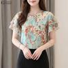 Women Casual Round Neck Floral Print Loose Ruffles Short Sleeve Blouse