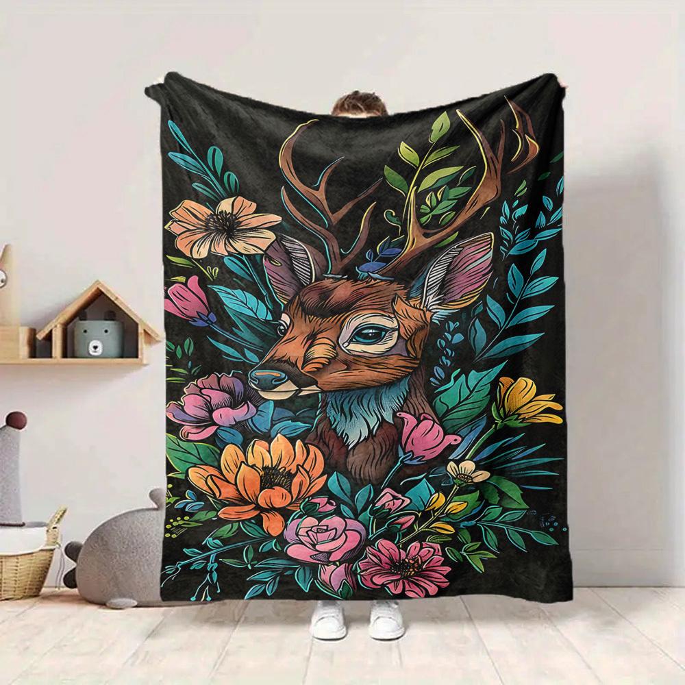 1PC Deer Floral Print Print Blanket, Soft Throw Blanket - Warm & Cozy for Couch, Bed, Office, and Travel yy250912228