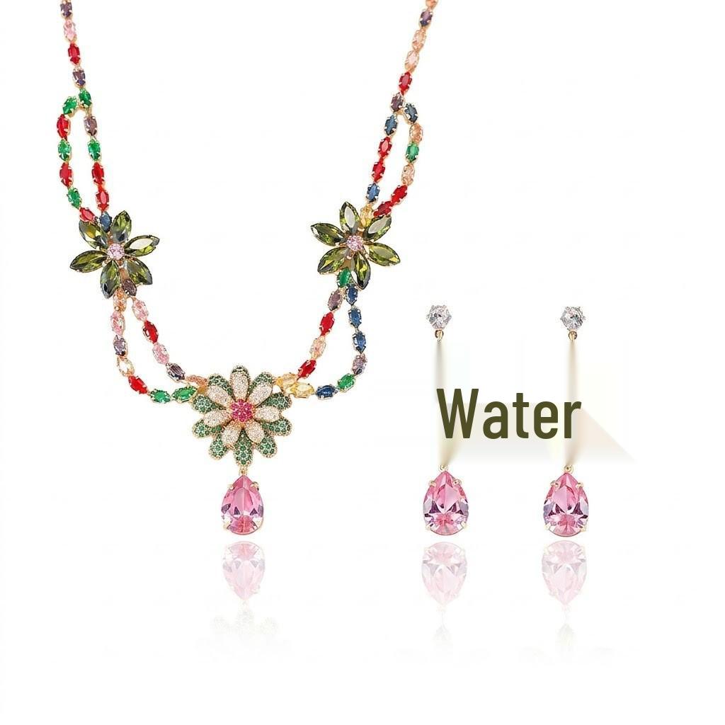 Cross-Border Trendy Zircon Earrings & Colorful Flower Necklace Fresh Collarbone Chain Jewelry