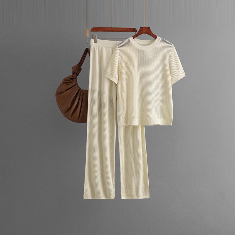 Summer Casual Fashion Versatile Round Neck Solid Color Short-sleeved Loose Knitted Hollow Wide-leg Pants Two-piece Set