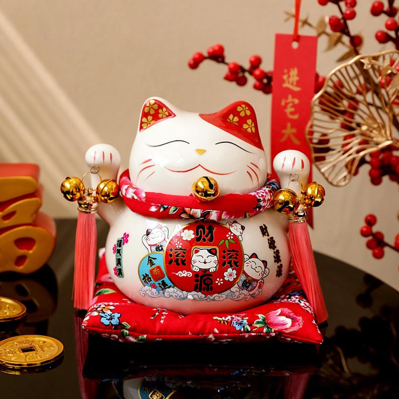 6 inch Ceramic Fortune Cat Money Bank Maneki Neko Lucky Cats Statues Porcelain Happy Smiling Cat Figure Feng Shui Decor Ornament