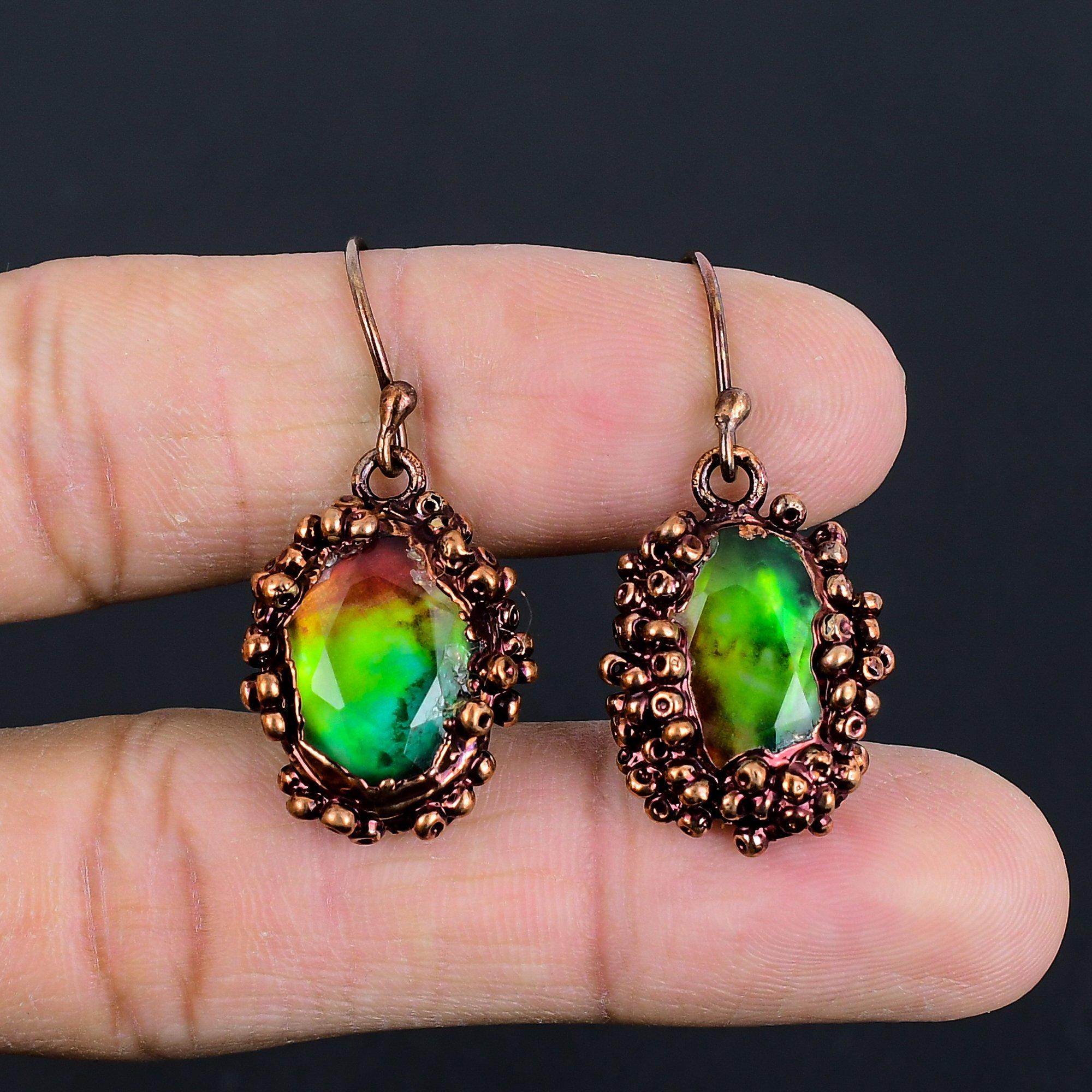 

Серьги с аммолитом, Ювелирные изделия из драгоценных камней, Медные гальваноформованные серьги ручной работы, Ювелирные изделия новейшего дизайна 2.55 Inches