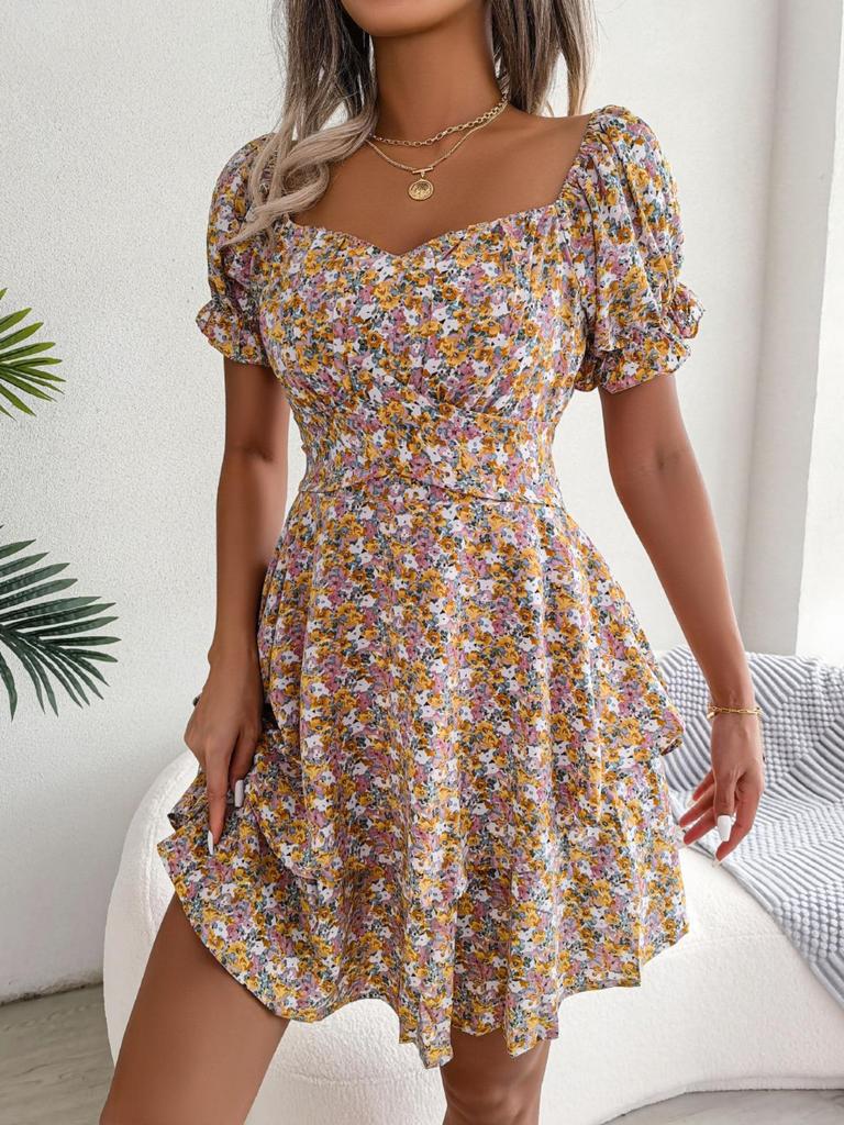 Abito Stampato con Scollo Quadrato Vita Alta Abito Elegante da Donna Manica Corta Abiti Ampi Abito Casual