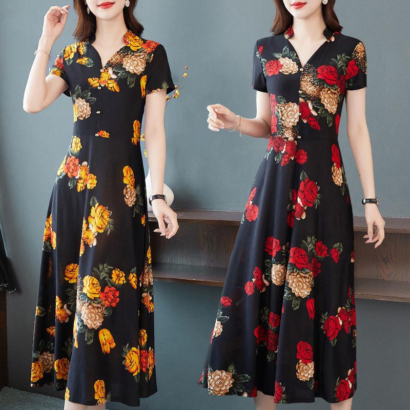 Elegant V-hals A-linje Slim Kjoler Stilig Vintage Blomstret Dameklær Casual Kortermet Sommer Trykt Knapp Midi Kjole