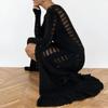 Womens Long Knit Cardigan With Cutout Detail Ruffled Hem Flared Sleeve Loose Fit Oversized Dress