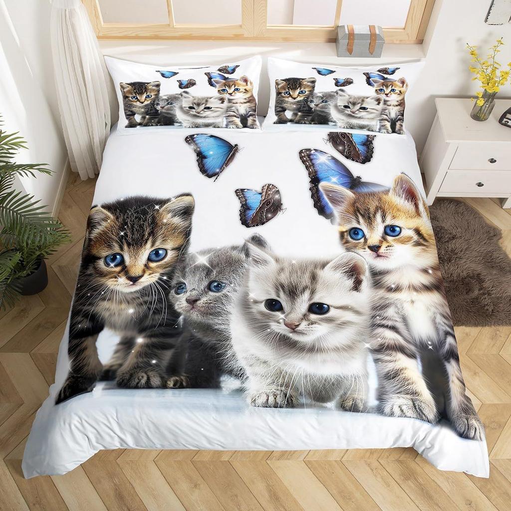 Cute Cat Duvet Cover Bedding Three-Piece Set 3D Animal Digital Printing Quilt Cover