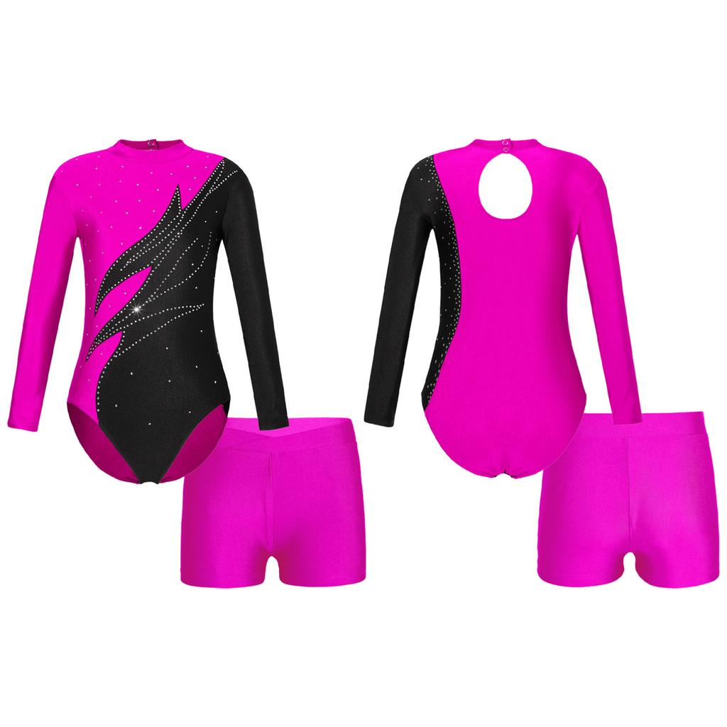 Kids Girls Long Sleeve Mock Neck Shiny Rhinestones Decor Leotard with Shorts for Dance Gymnastic Workout
