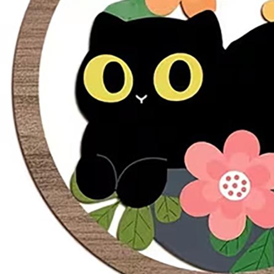 Matte Finish Wood Decoration 4PCS Black Cat Wall Sign, with Warm Grain Texture Art, Scratch-Resistant Natural Art Home Decor, Nordic Retro Style