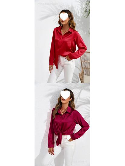 European & American Women's Long Sleeve Satin-Cotton Shirt - Solid Color, Spring & Autumn Bestseller