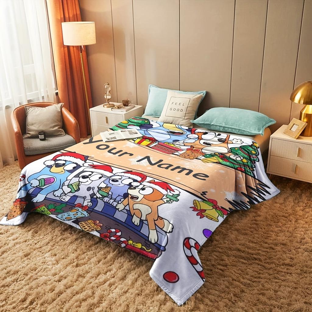Customizable Name Flannel Blanket - Anime Dog Print Christmas All-Season, Machine Washable, Knitted Polyester, Cozy Warm