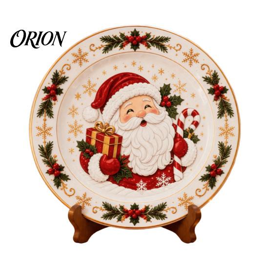 Round Plate Decor Wooden Christmas Plate, Santa Snowman Stocking Tree Bell Sleigh Dish Xmas Party Supplies Decor, Tabletop Ornament for Home