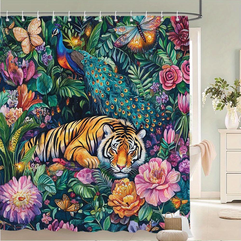 Exotic Tiger & Peacock Waterproof Mildew-Resistant Shower Curtain - Tropical Floral Design for a Luxurious Bathroom Décor