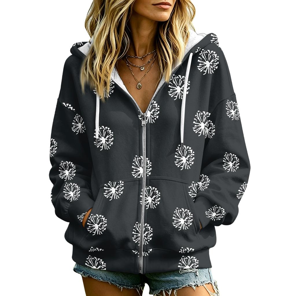 Women's Floral Print Long Sleeve Hooded Jacket with and Pockets Casual Fashion