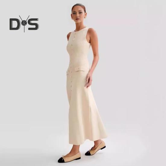 Letní dámské šaty Pletené pouzdro Slim Fit Jednobarevné Kulatý výstřih Elastické Bez rukávů Jednořadové knoflíky Délka do půli lýtek Midi šaty