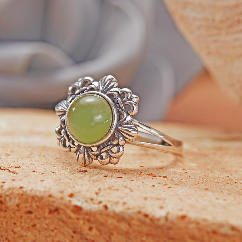 Vintage Hollow Pattern Thai Silver Ring Women'S S925 Sterling Silver Inlaid With Natural Jasper Topaz Gemstone Index Finger Ring