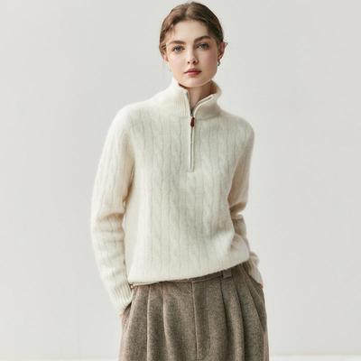 Women's High Neck Half-Zip Cable Knit Cashmere Sweater - Loose Fit, Autumn/Winter Style