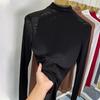 Women's Black Sheer Mesh Half-High Collar Long Sleeve Lace Top for Spring & Summer