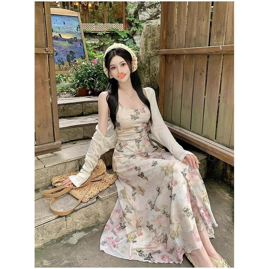 Coffee Break French Floral Suspender Dress Women's Summer Temperament Design Sense Seaside Vacation Long Dress Cardigan Two-piece Set